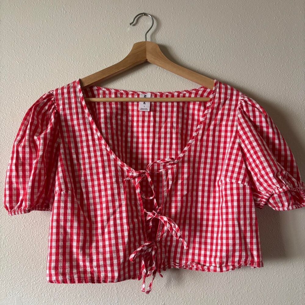 Abound Cotton Red White Gingham Puff Sleeve Tie Front Cropped Blouse Size Large
